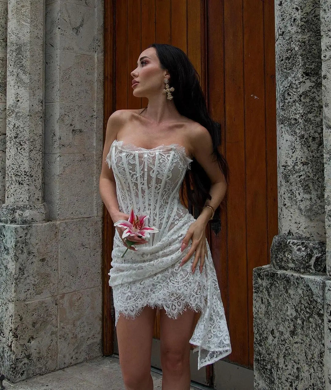 Alyia Lace Ruche Corset Celeb Dress-White