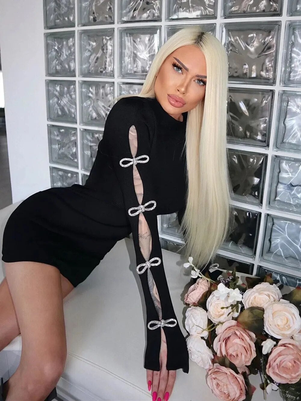 Chic Black Hollow Long Sleeve Dress