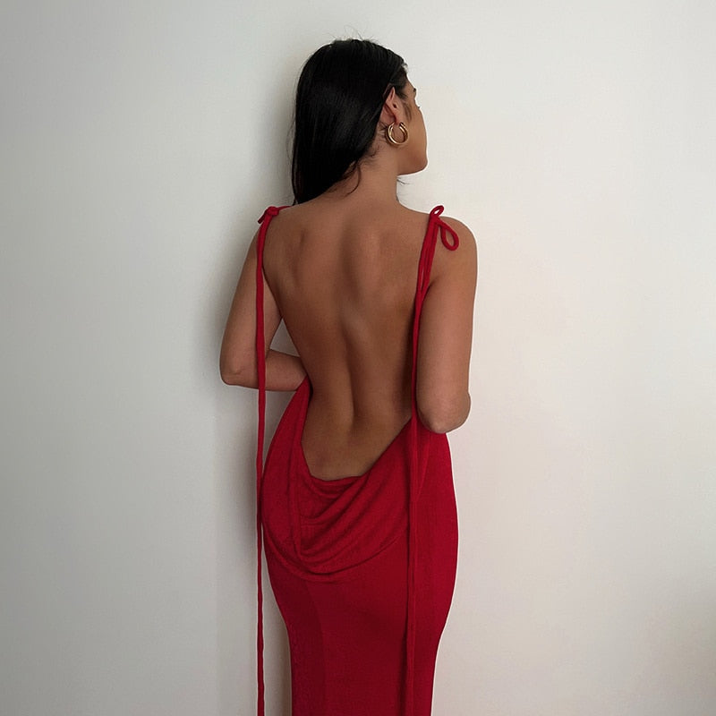 Lemiya Backless Lace up Hanging Night Dress-Red