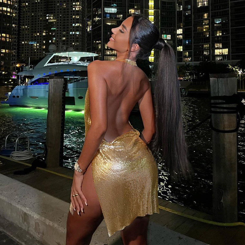 Backless Diamante Mesh Mini Party Dress