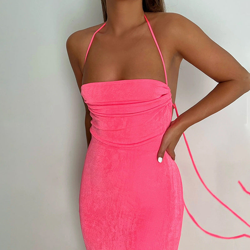 Lemiya Backless Lace up Hanging Night Dress-Pink