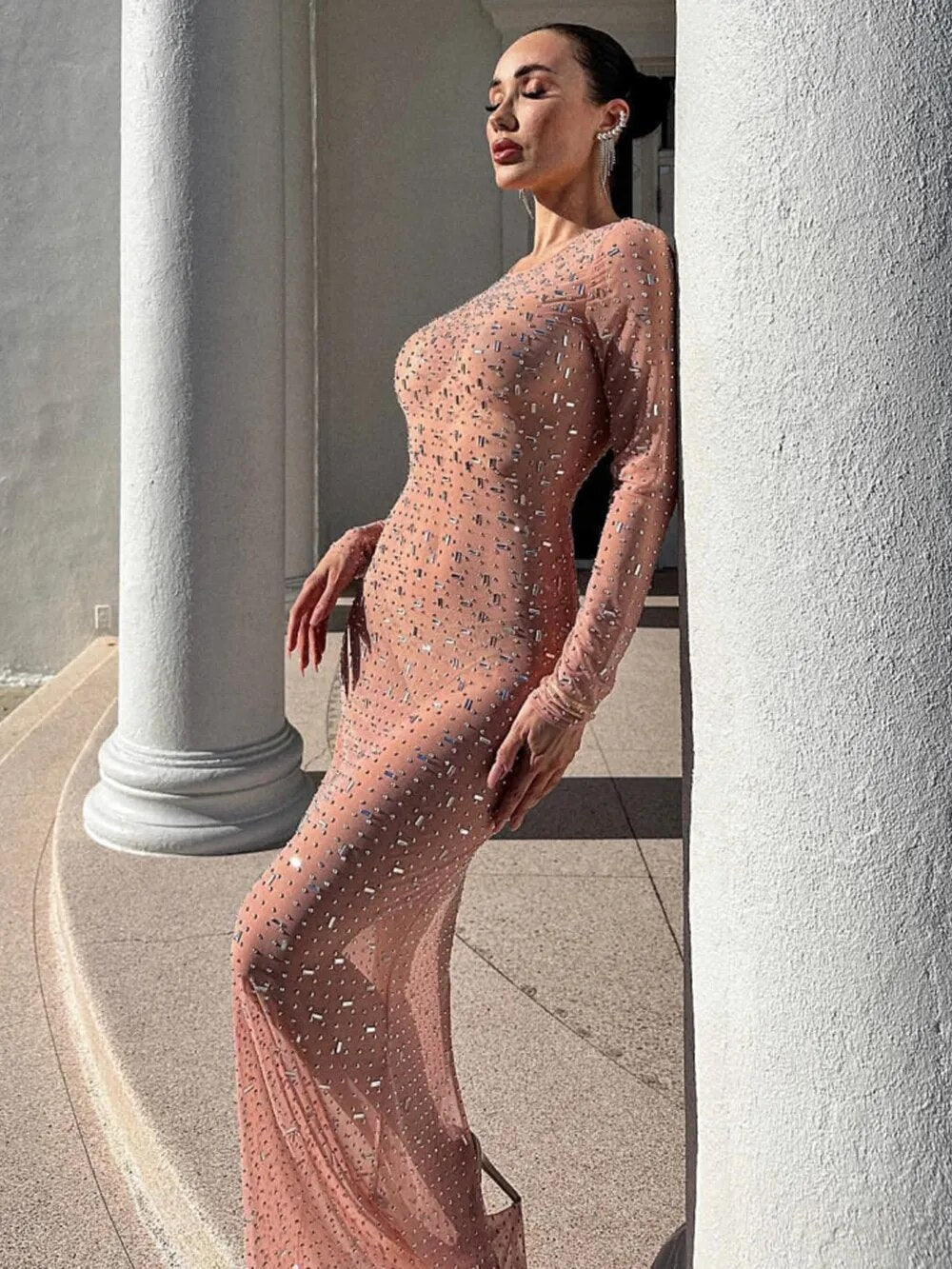 Rhinestone Mesh Long Sleeve Split Dress
