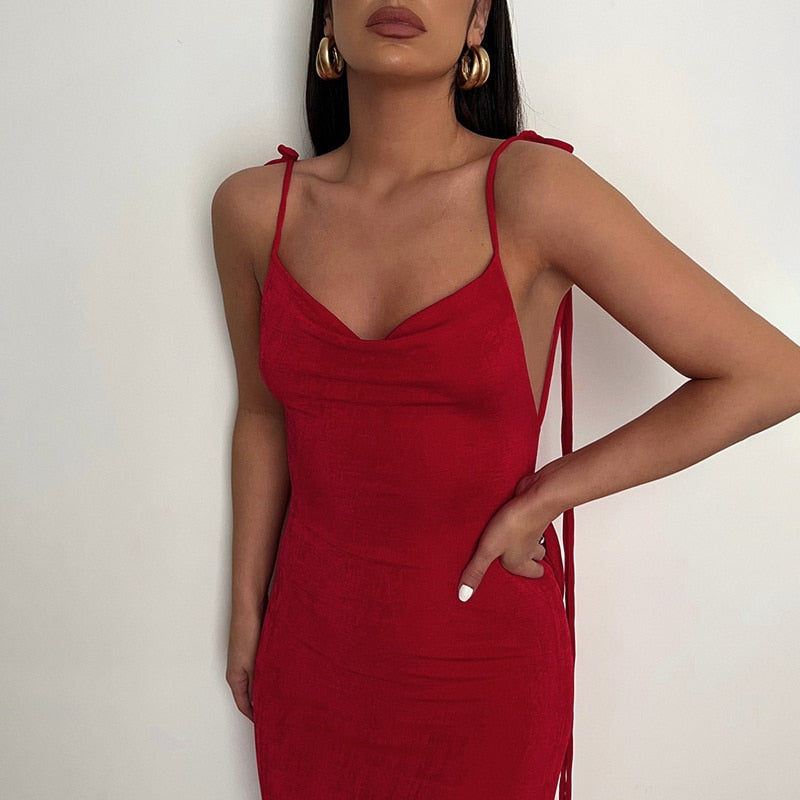 Lemiya Backless Lace up Hanging Night Dress-Red