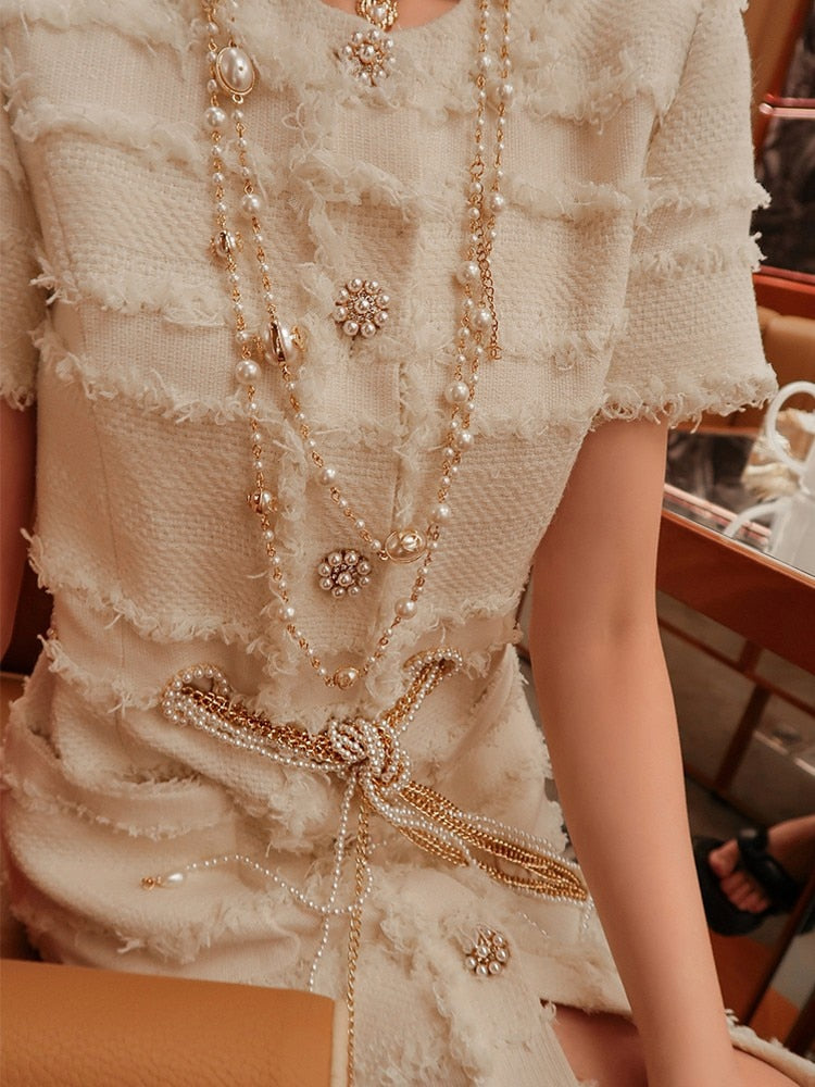Short-sleeved Braided Pearl Chain Dress