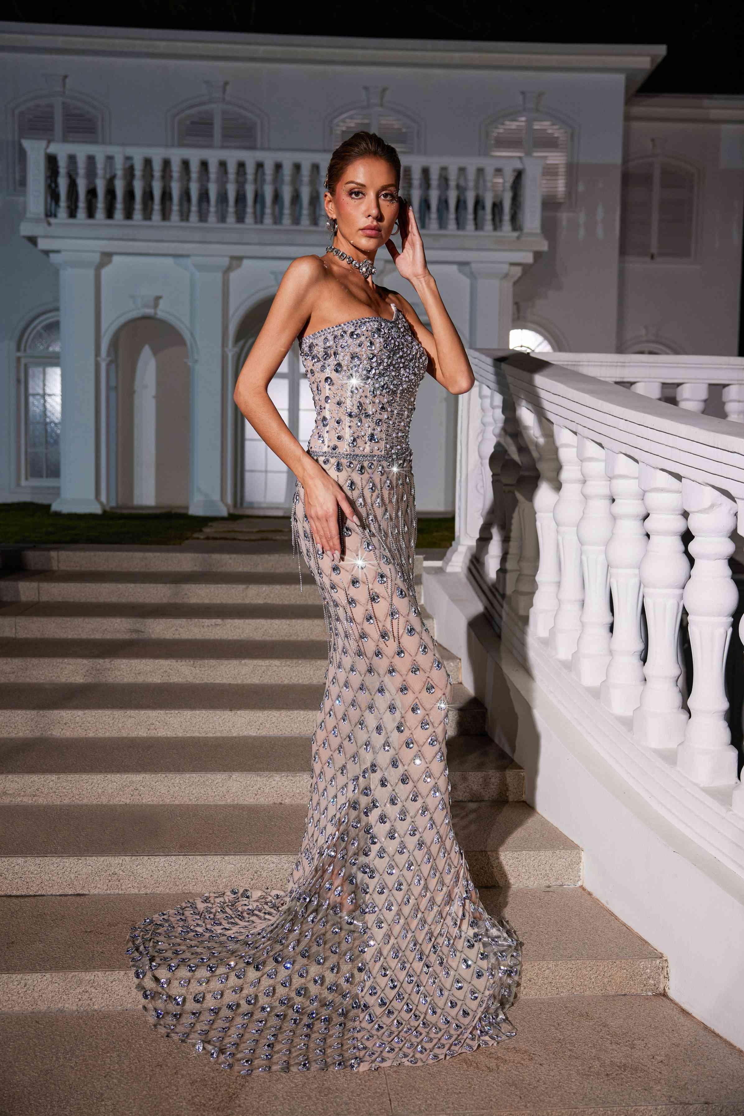 Sean Strapless Rhinestone Mesh Maxi Dress