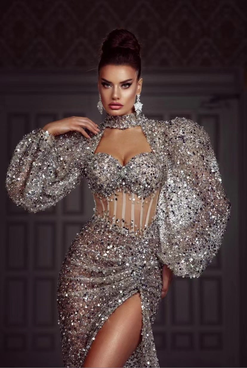 Bride Puff Sleeves Prom Dress-Silver