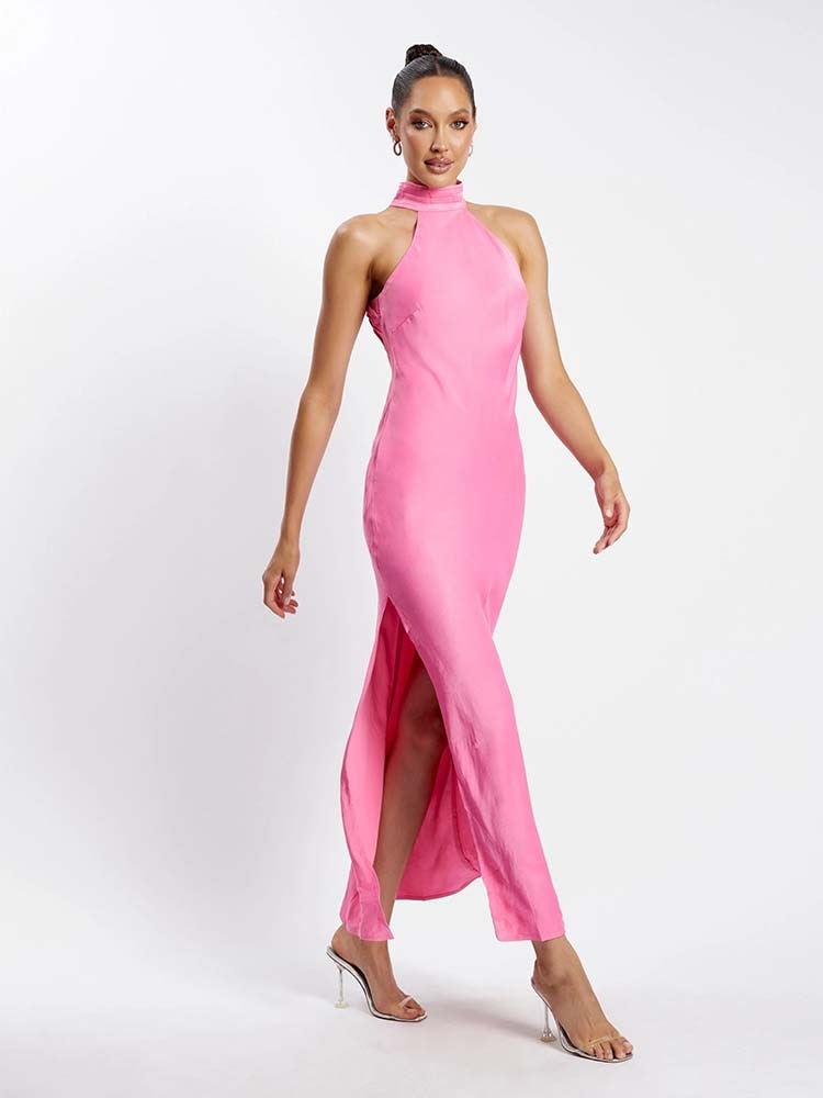 HIGH NECK SATIN WED PARTY DRESS