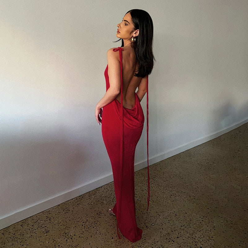 Lemiya Backless Lace up Hanging Night Dress-Red