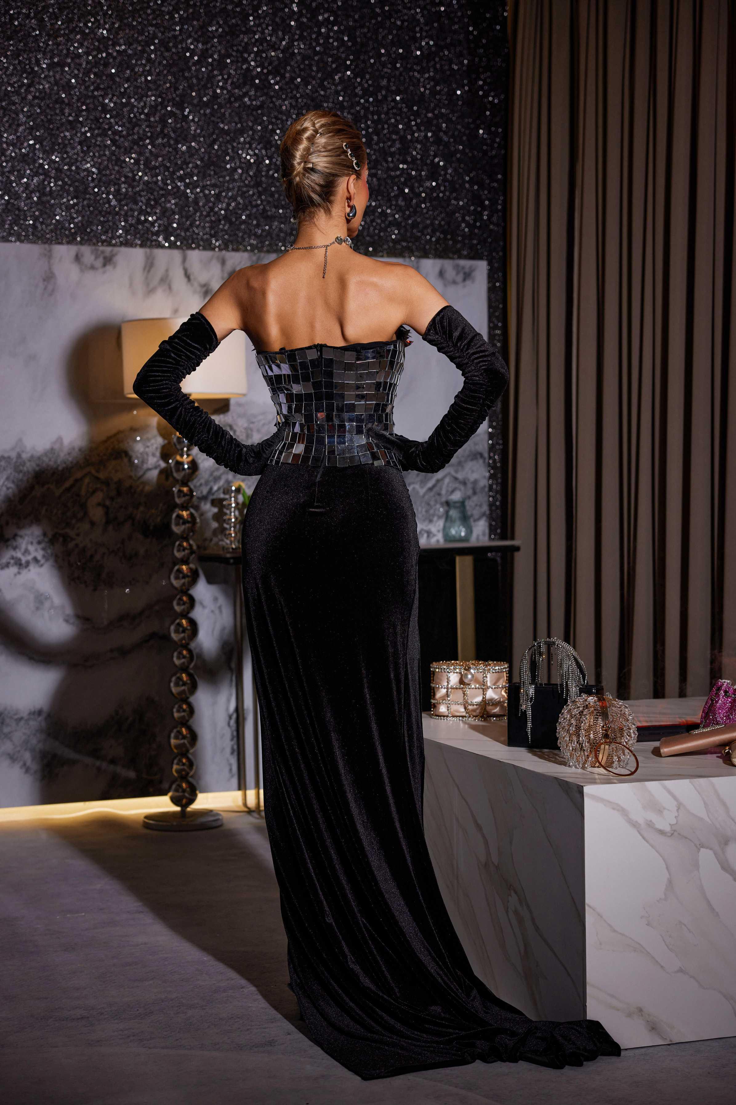 Shane Strapless Acrylic Velvet Maxi Dress