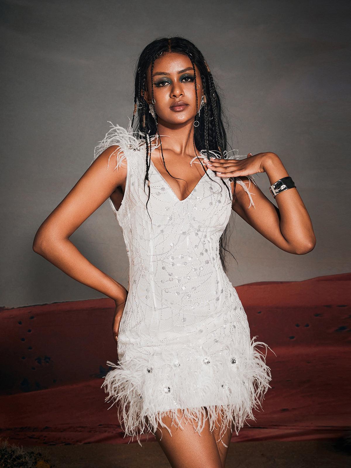 Shaquille Sequin Feather Mini Dress