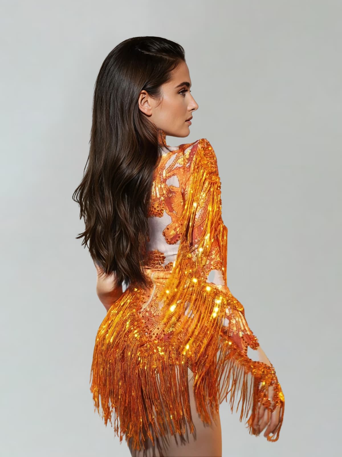 Shatora One Shoulder Rhinestone Fringe Bodysuit In Orange