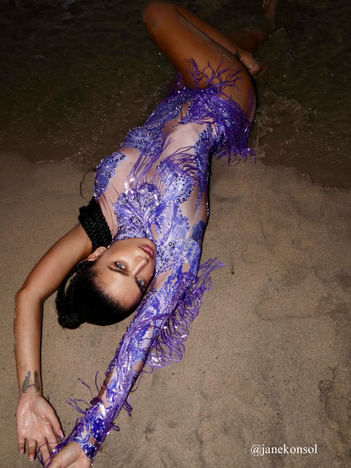 Shatora One Shoulder Rhinestone Fringe Bodysuit In Purple
