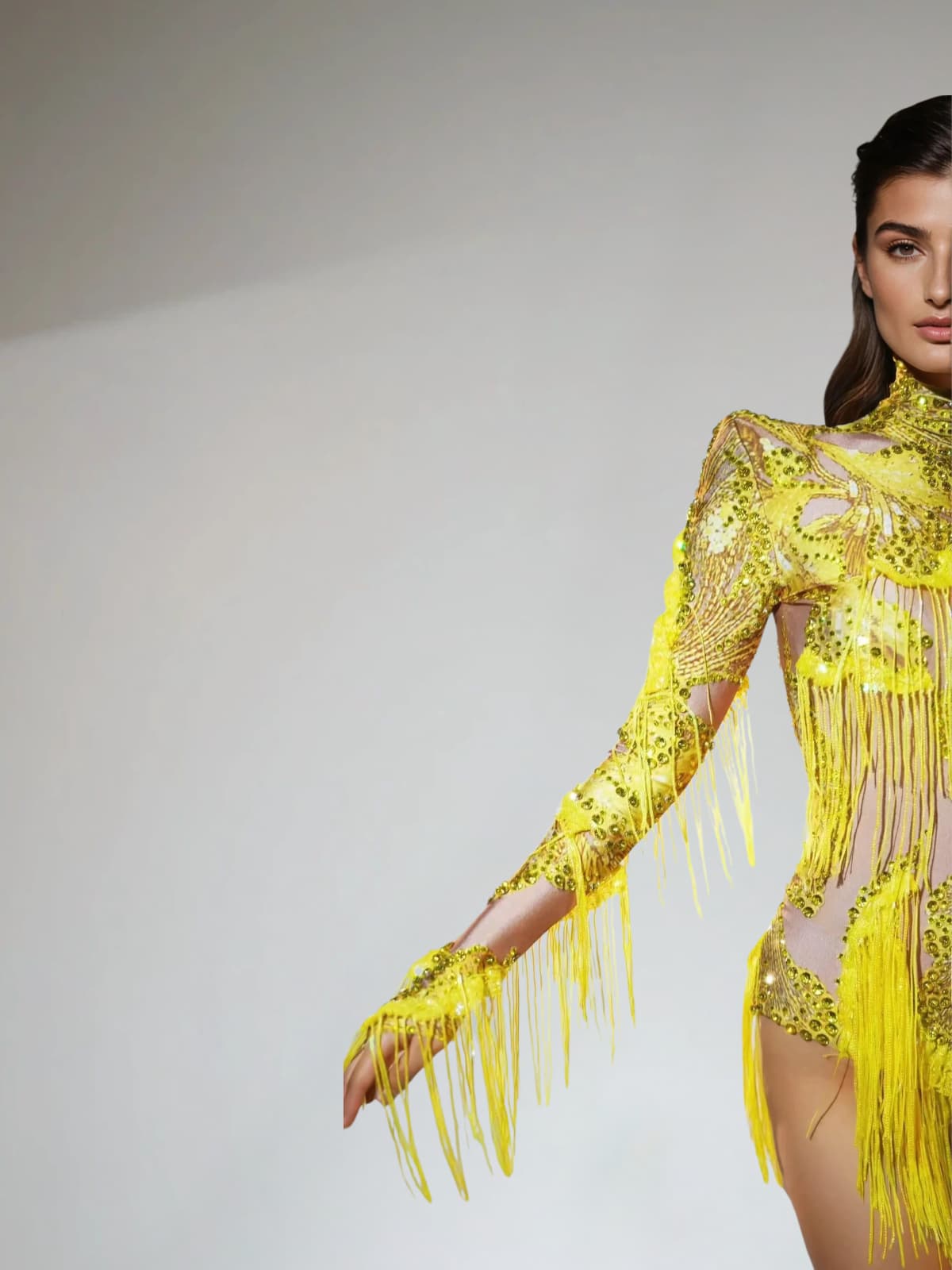 Shatora One Shoulder Rhinestone Fringe Bodysuit In Yellow