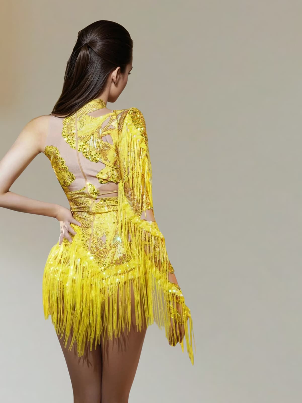 Shatora One Shoulder Rhinestone Fringe Bodysuit In Yellow