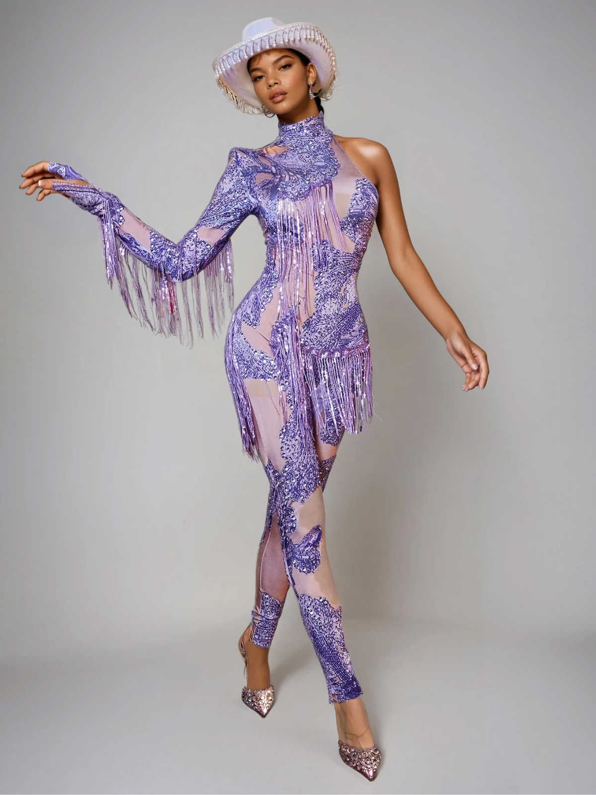 Shatora One Shoulder Rhinestone Fringe Jumpsuit