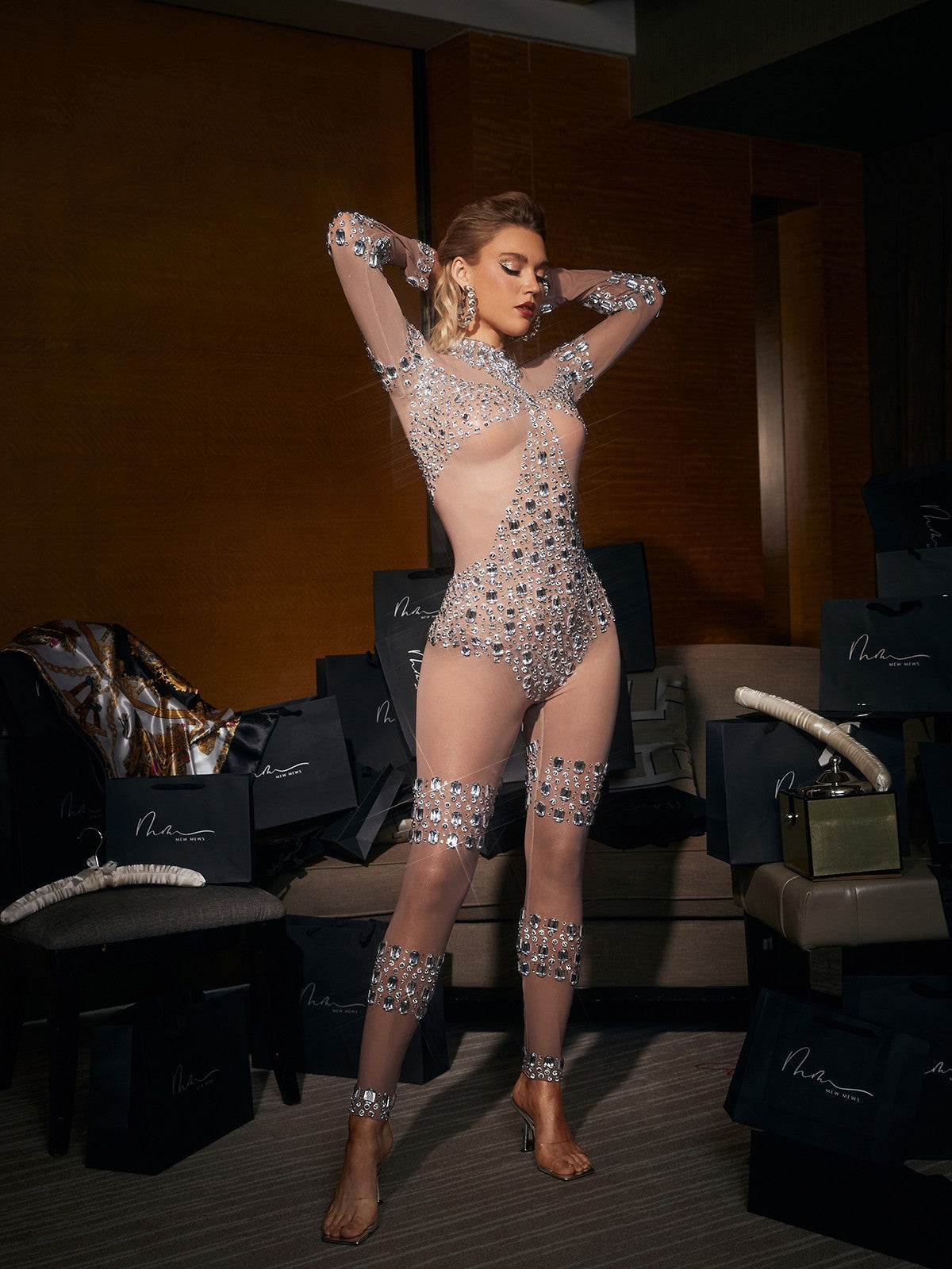 Zelie Rhinestone Embellished Mesh Jumpsuit