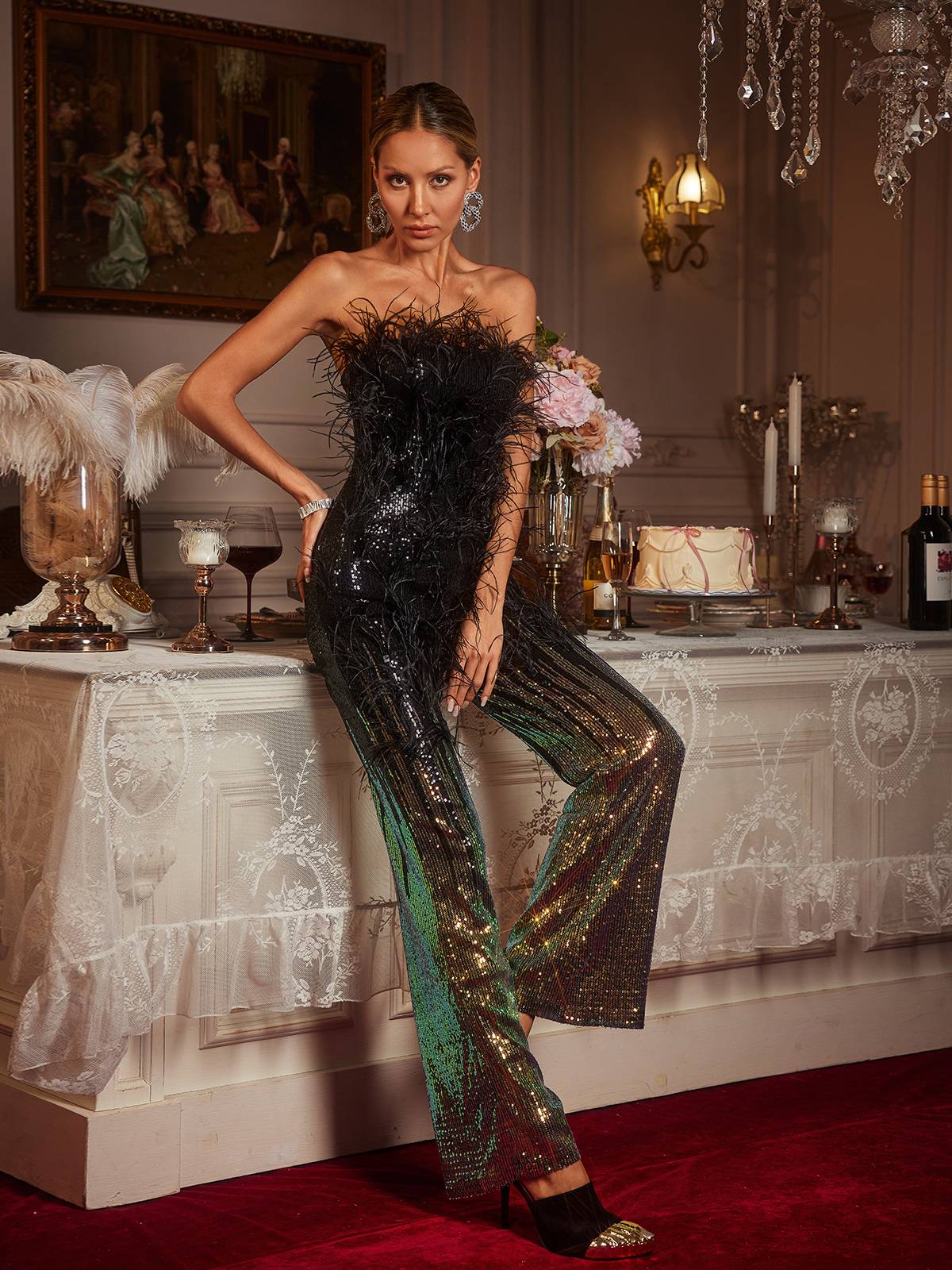 Shiva Ombre Feather Sequin Jumpsuit