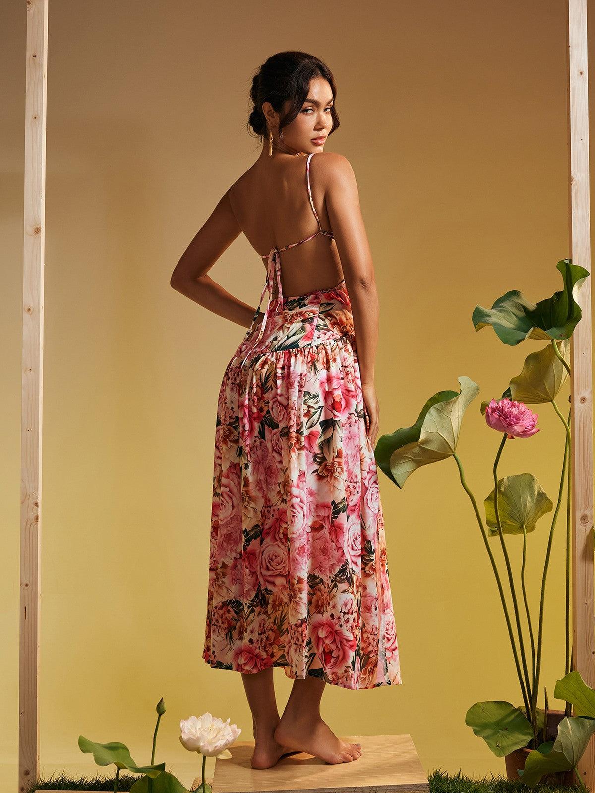 Acie Spaghetti Floral Print Midi Dress in pink featuring elegant floral patterns and spaghetti straps, perfect for summer outings.