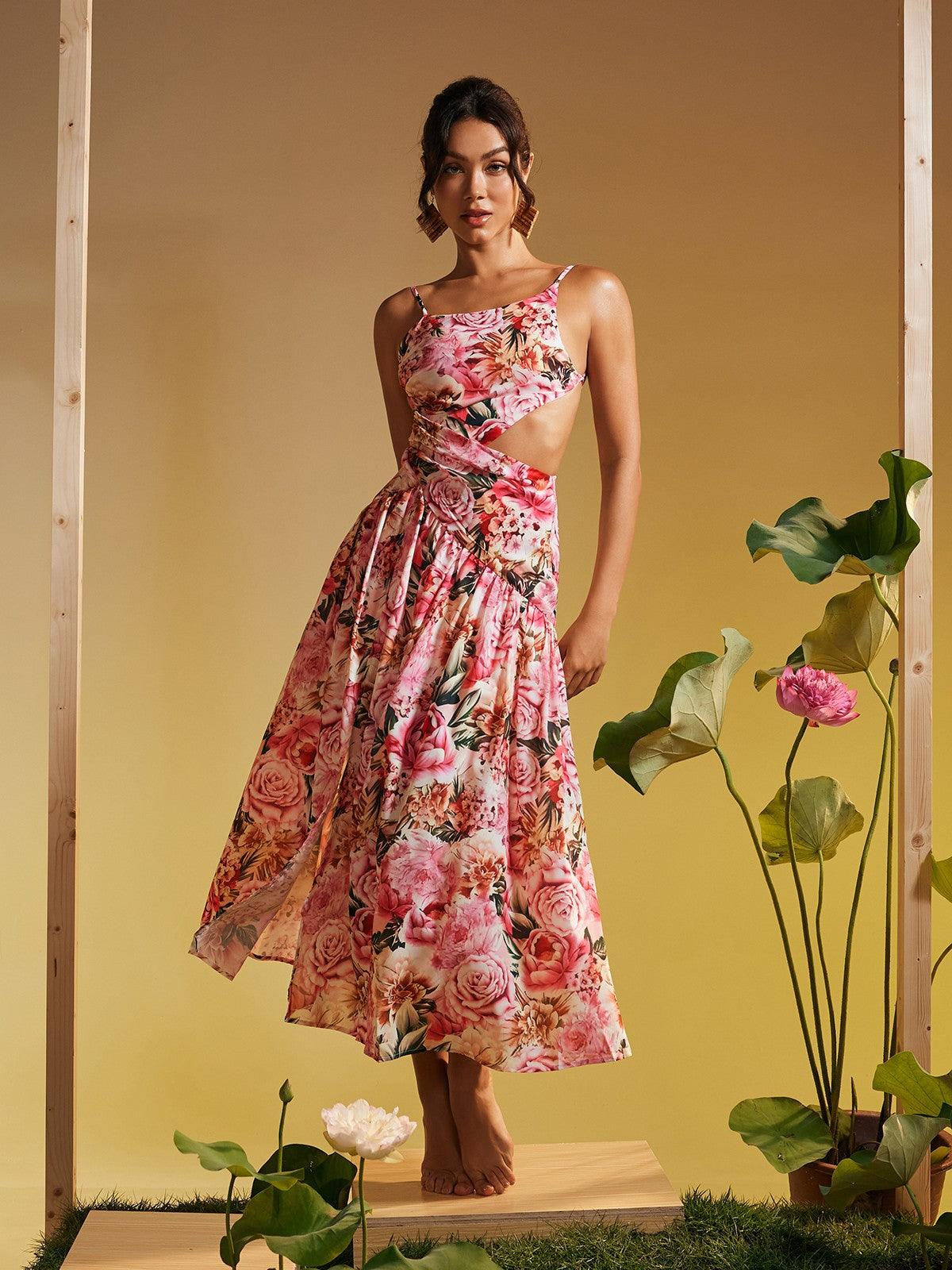 Acie Spaghetti Floral Print Midi Dress in pink featuring elegant floral patterns and spaghetti straps, perfect for summer outings.
