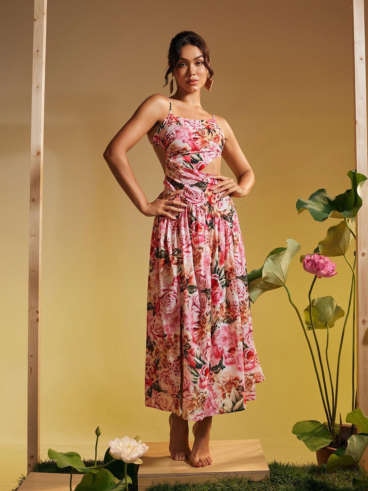 Acie Spaghetti Floral Print Midi Dress in pink featuring elegant floral patterns and spaghetti straps, perfect for summer outings.