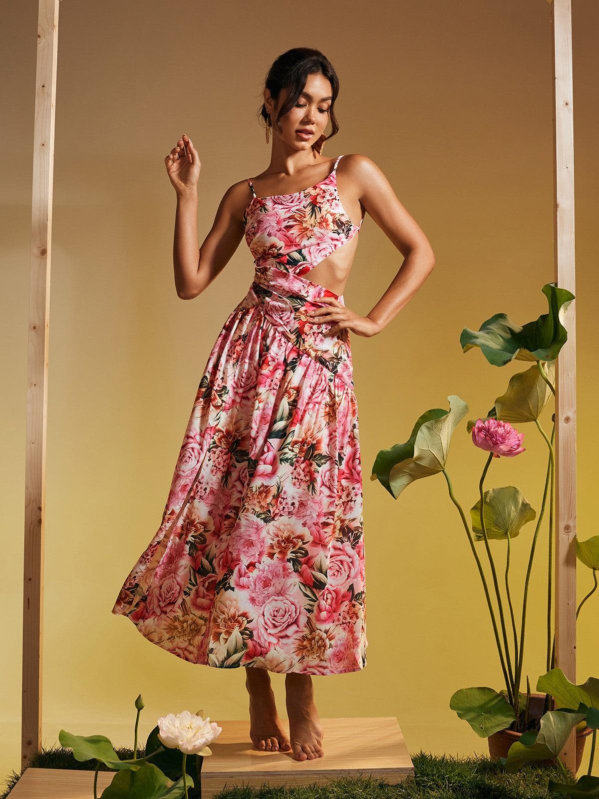 Acie Spaghetti Floral Print Midi Dress in pink featuring elegant floral patterns and spaghetti straps, perfect for summer outings.