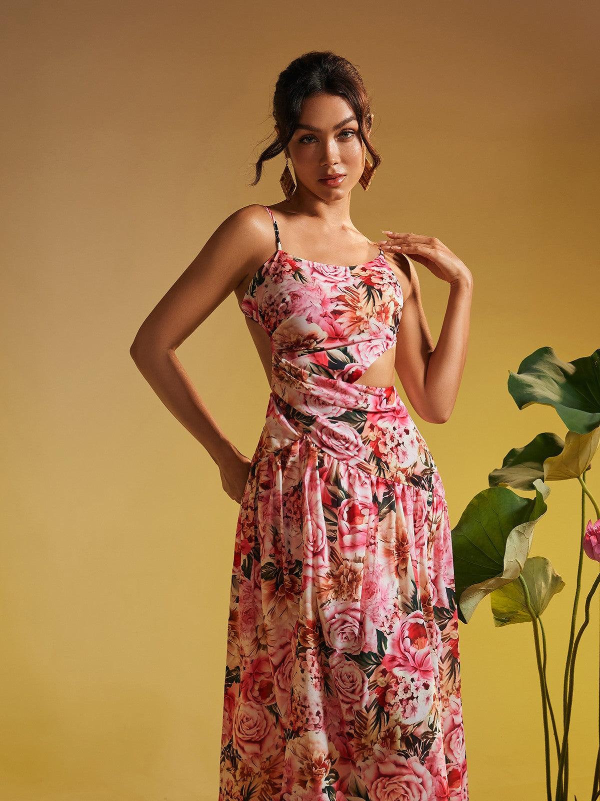 Close-up of the floral print on the Acie Spaghetti Midi Dress, highlighting its vibrant colors and elegant design for a fashionable summer outfit.