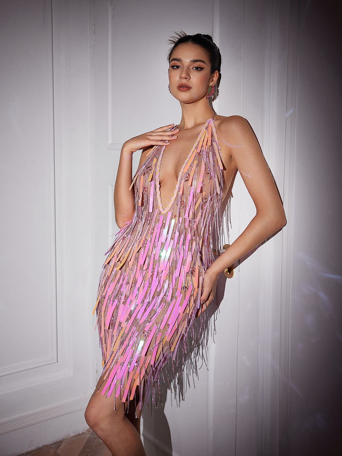 Taryn V Neck Crystal Chain Fringe Mini Dress