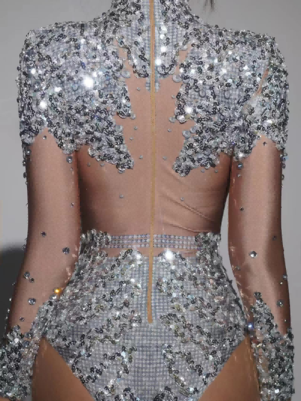 Thalorian High Neck Sequin Bodysuit In Silver
