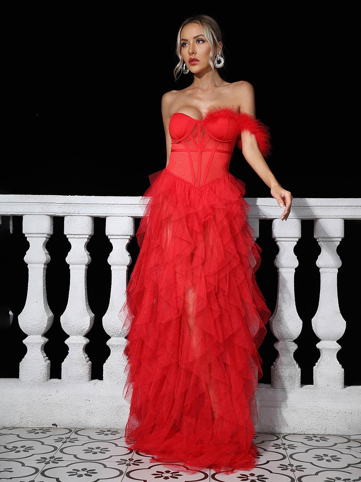 Titania One Shoulder Tulle Maxi Dress In Red