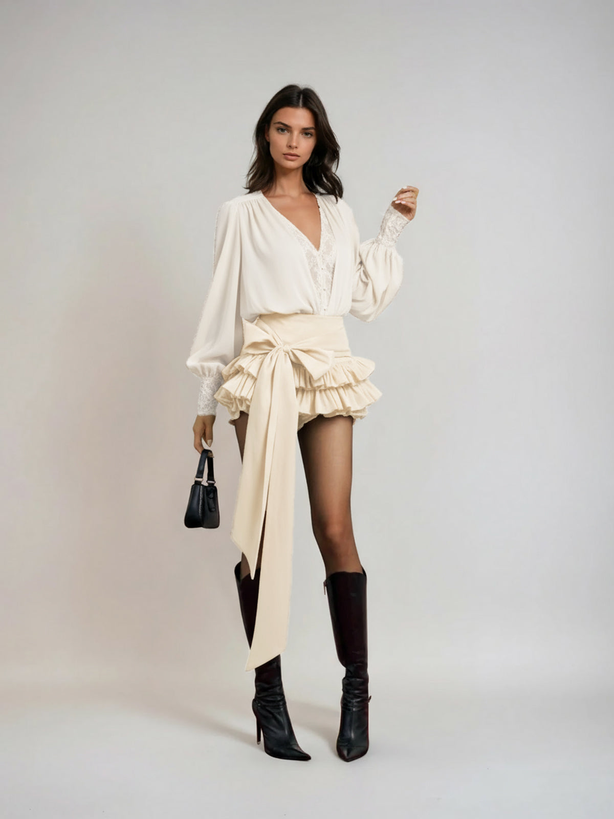 Ulaeron V Neck Lace Bow Mini Dress In Apricot