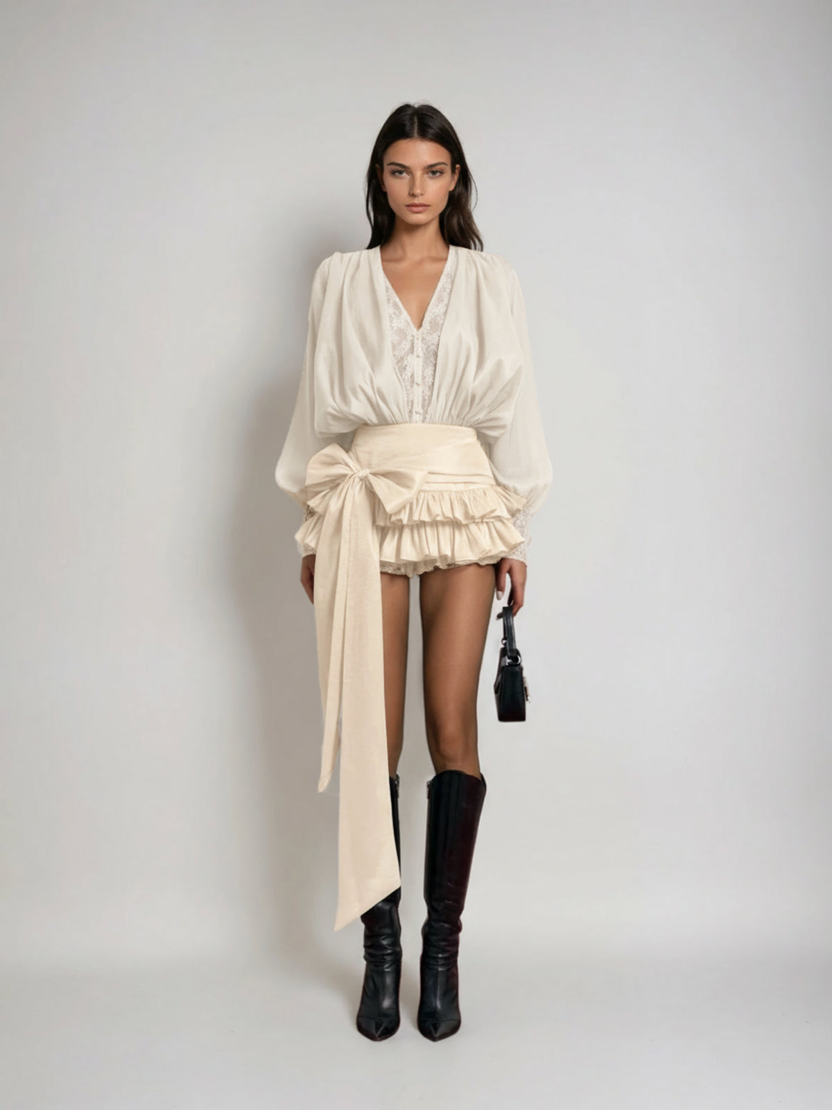 Ulaeron V Neck Lace Bow Mini Dress In Apricot