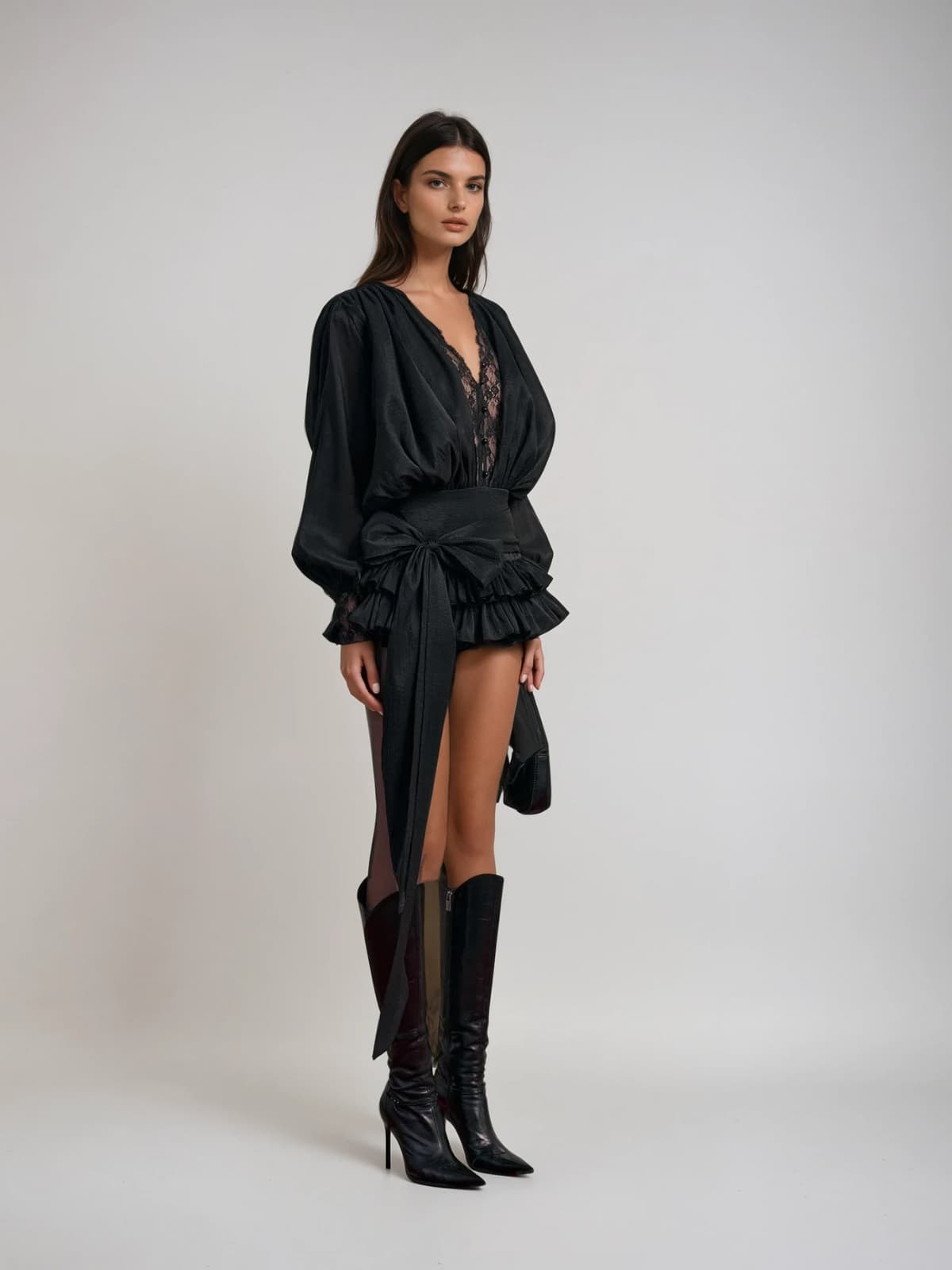 Ulaeron V Neck Lace Bow Mini Dress In Black