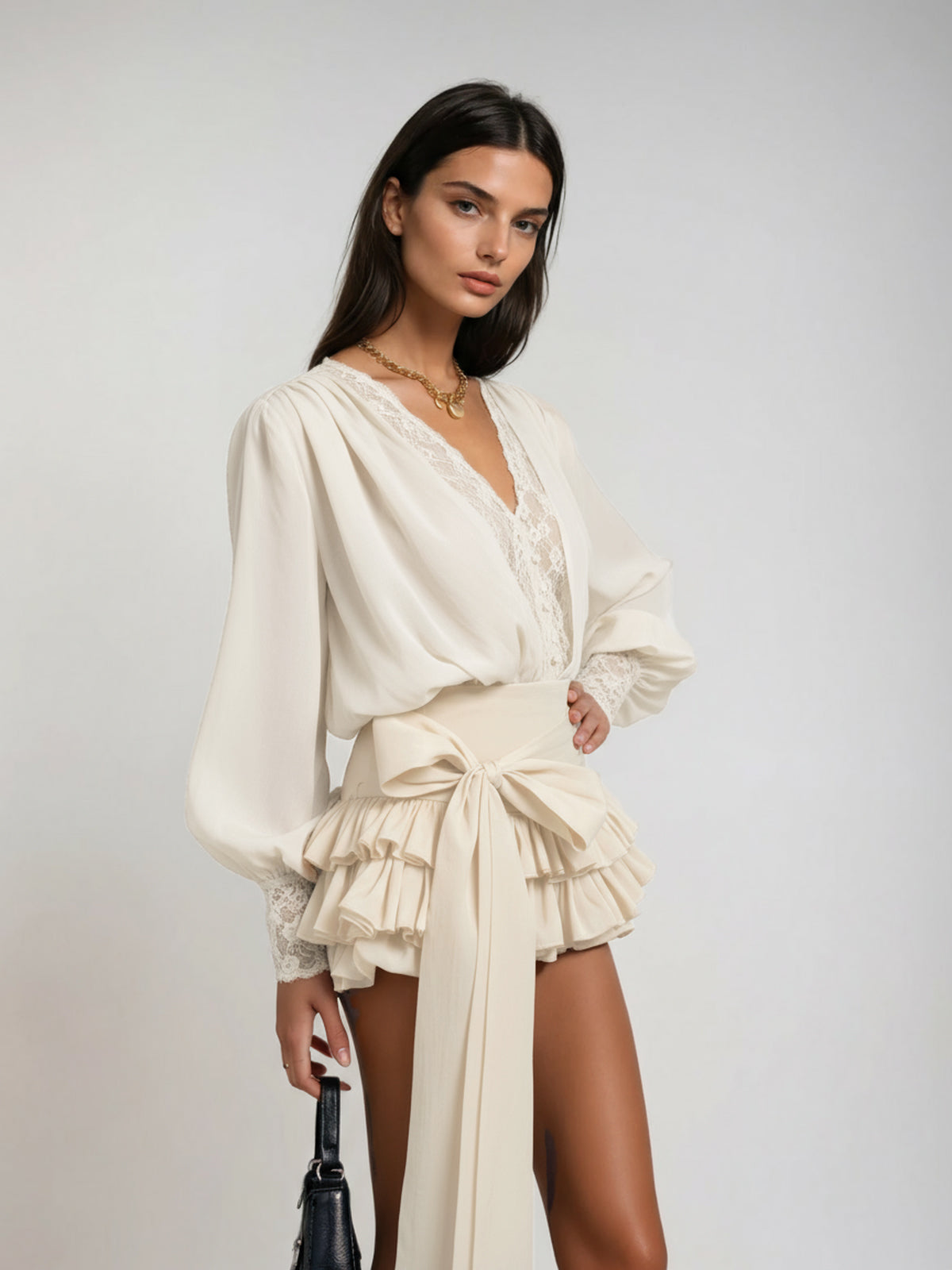 Ulaeron V Neck Lace Bow Mini Dress In Apricot
