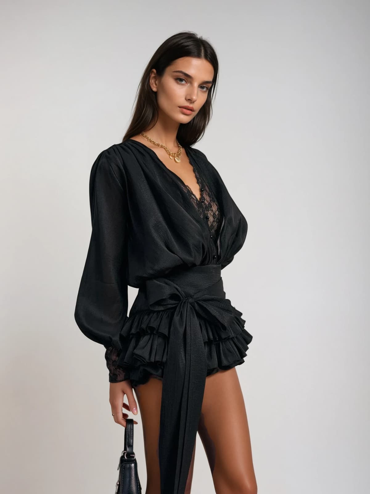 Ulaeron V Neck Lace Bow Mini Dress In Black