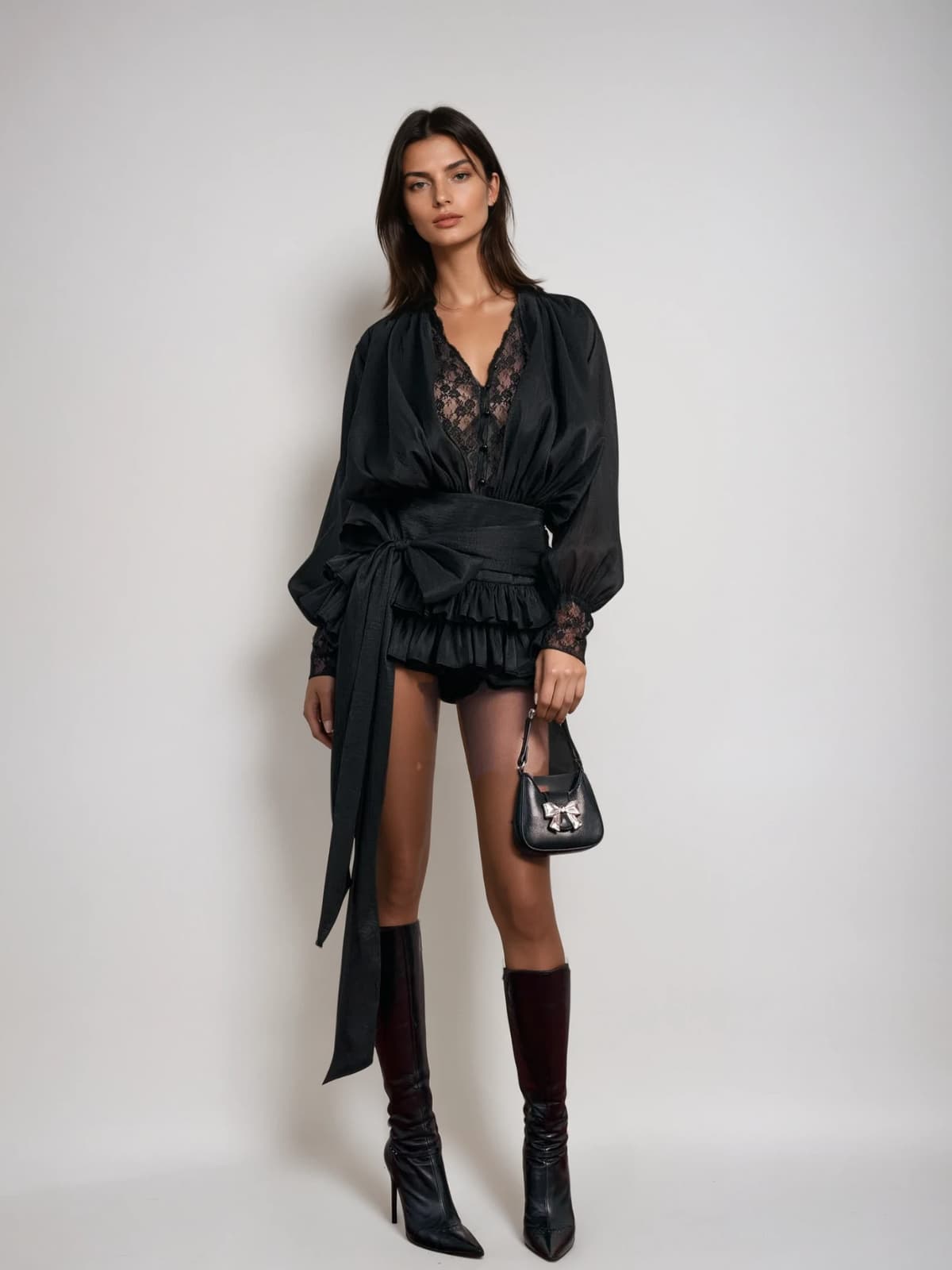 Ulaeron V Neck Lace Bow Mini Dress In Black