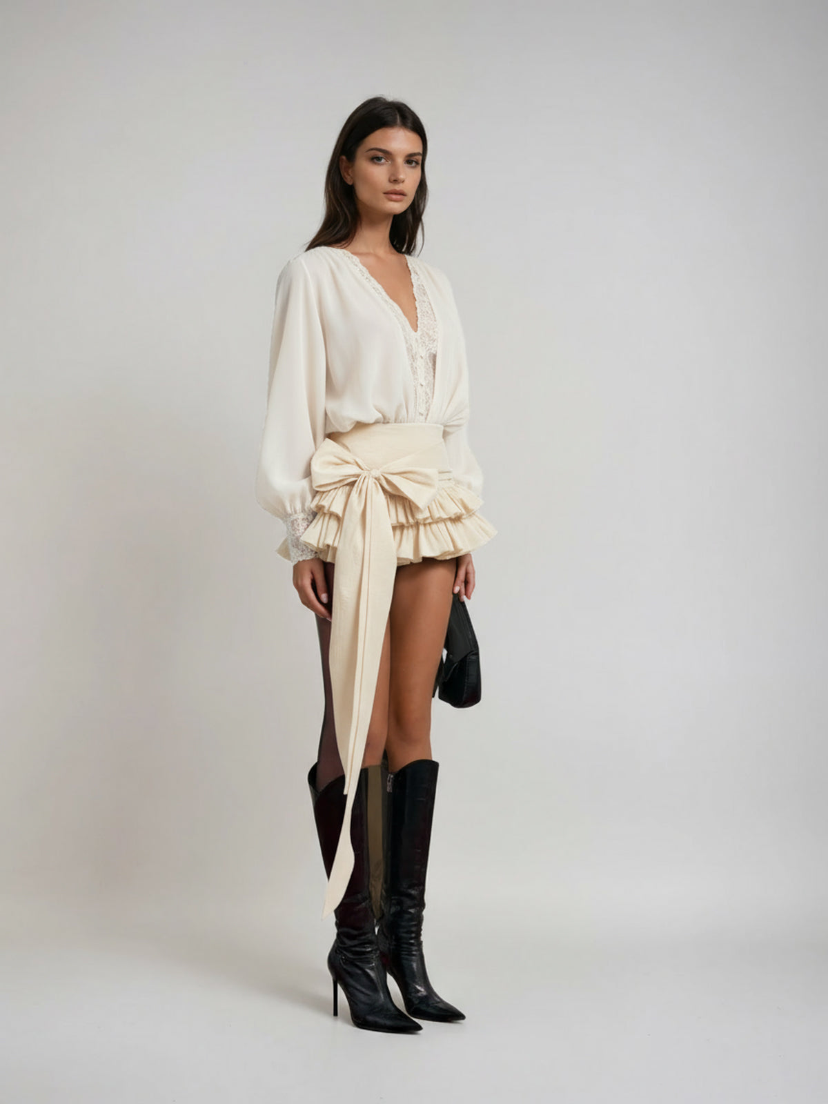 Ulaeron V Neck Lace Bow Mini Dress In Apricot