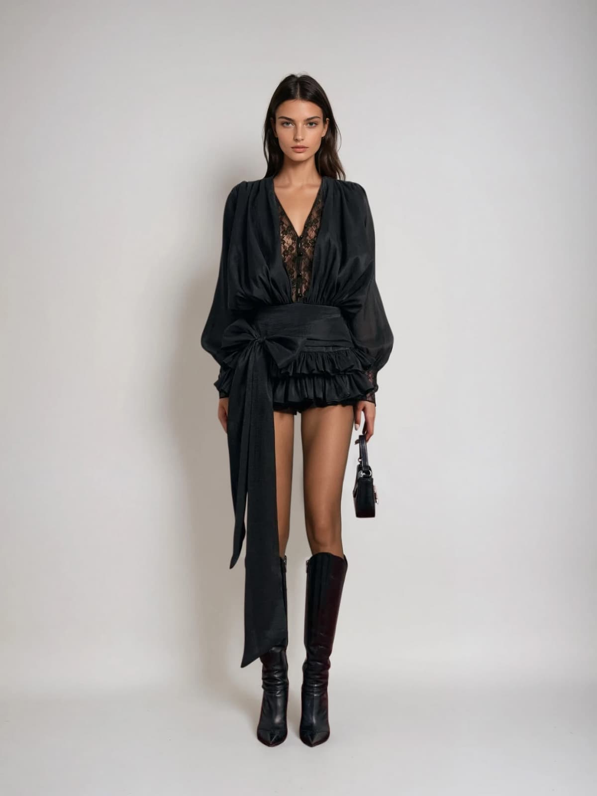 Ulaeron V Neck Lace Bow Mini Dress In Black