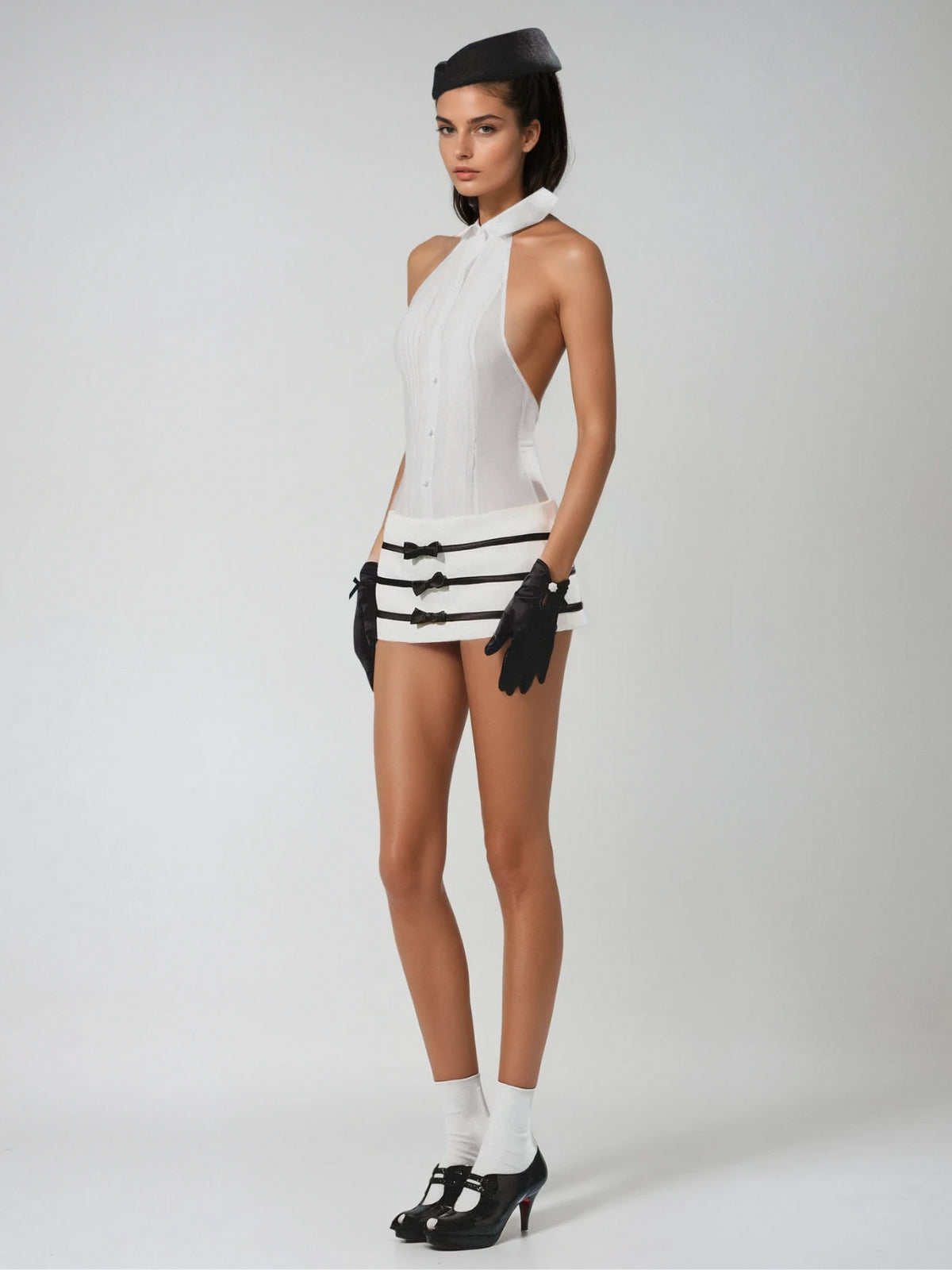 Uryndel Halterneck Bow Button Up Mini Dress