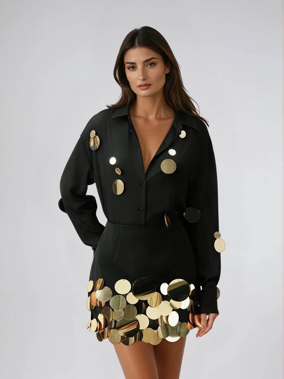 Uthara V Neck Sequin Skirt Set In Black