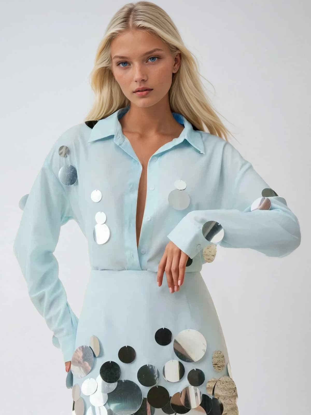 Uthara V Neck Sequin Skirt Set In Baby Blue