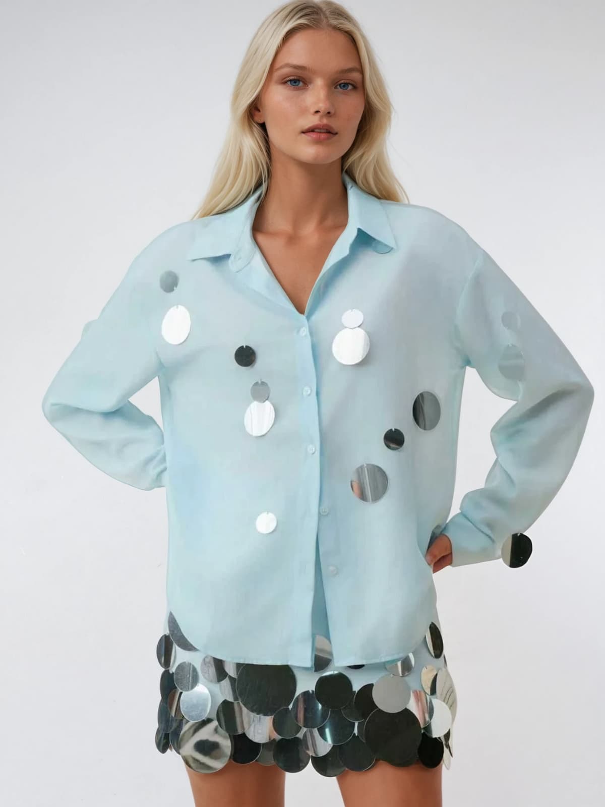 Uthara V Neck Sequin Skirt Set In Baby Blue