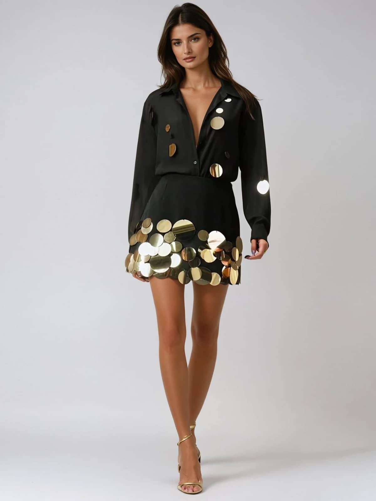 Uthara V Neck Sequin Skirt Set In Black