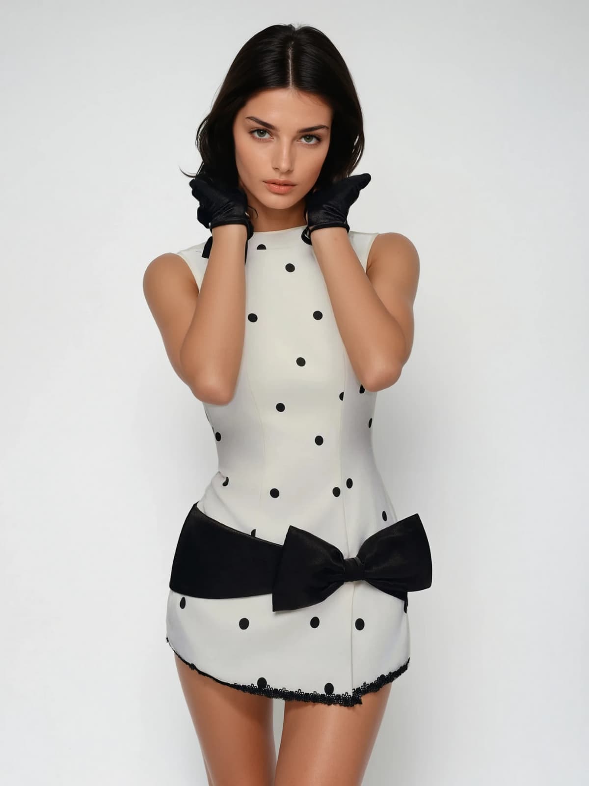 Uvandiel Sleeveless Dot Bow Mini Dress