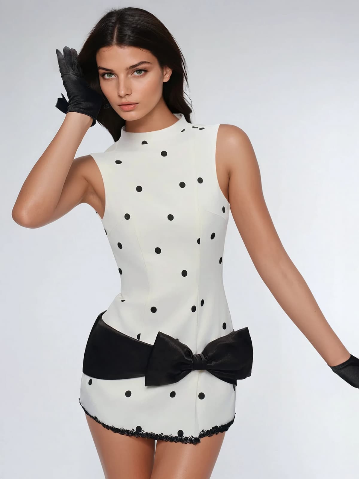 Uvandiel Sleeveless Dot Bow Mini Dress