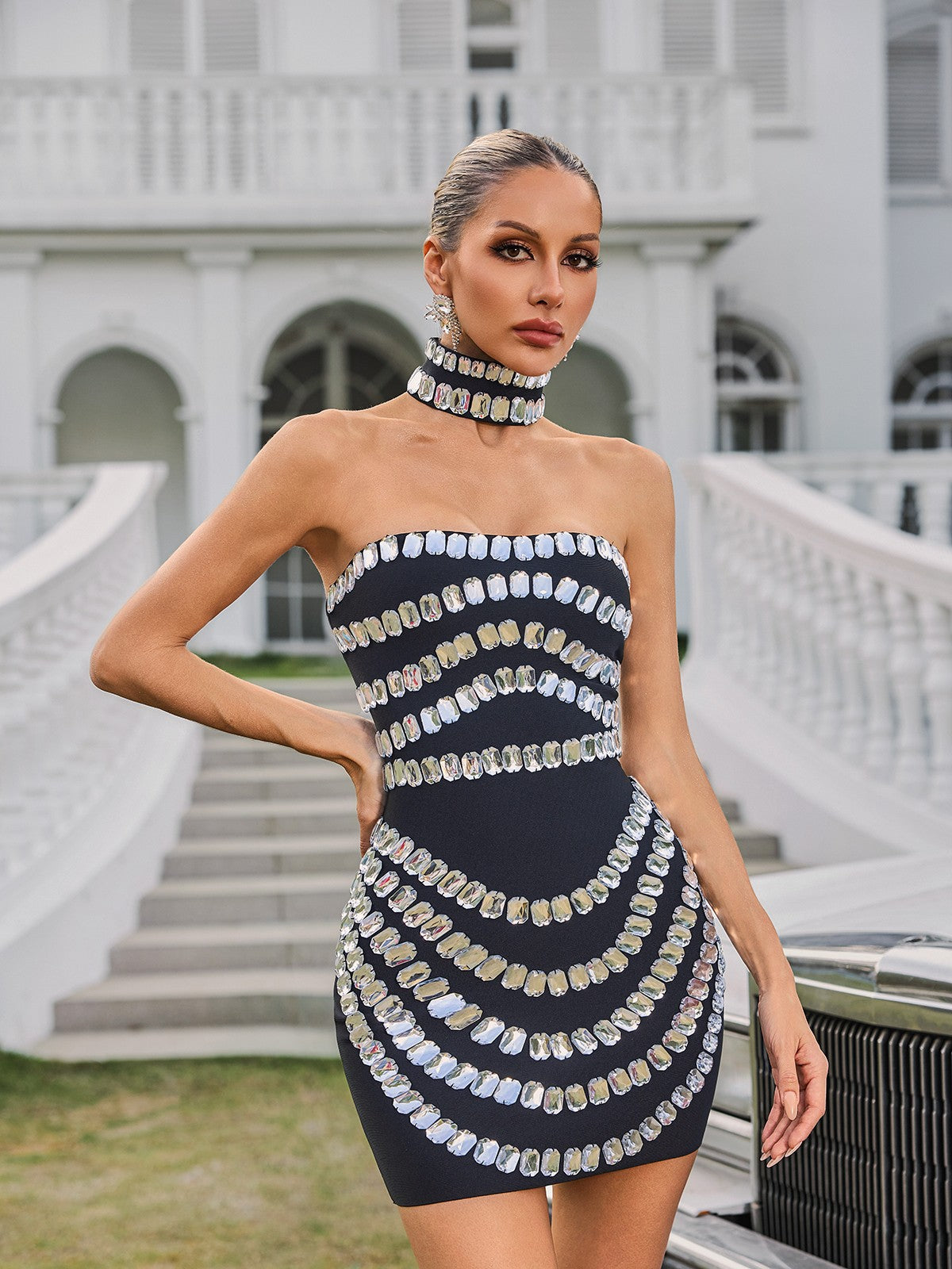 Vaelith Strapless Crystal Bandage Mini Dress With Choker