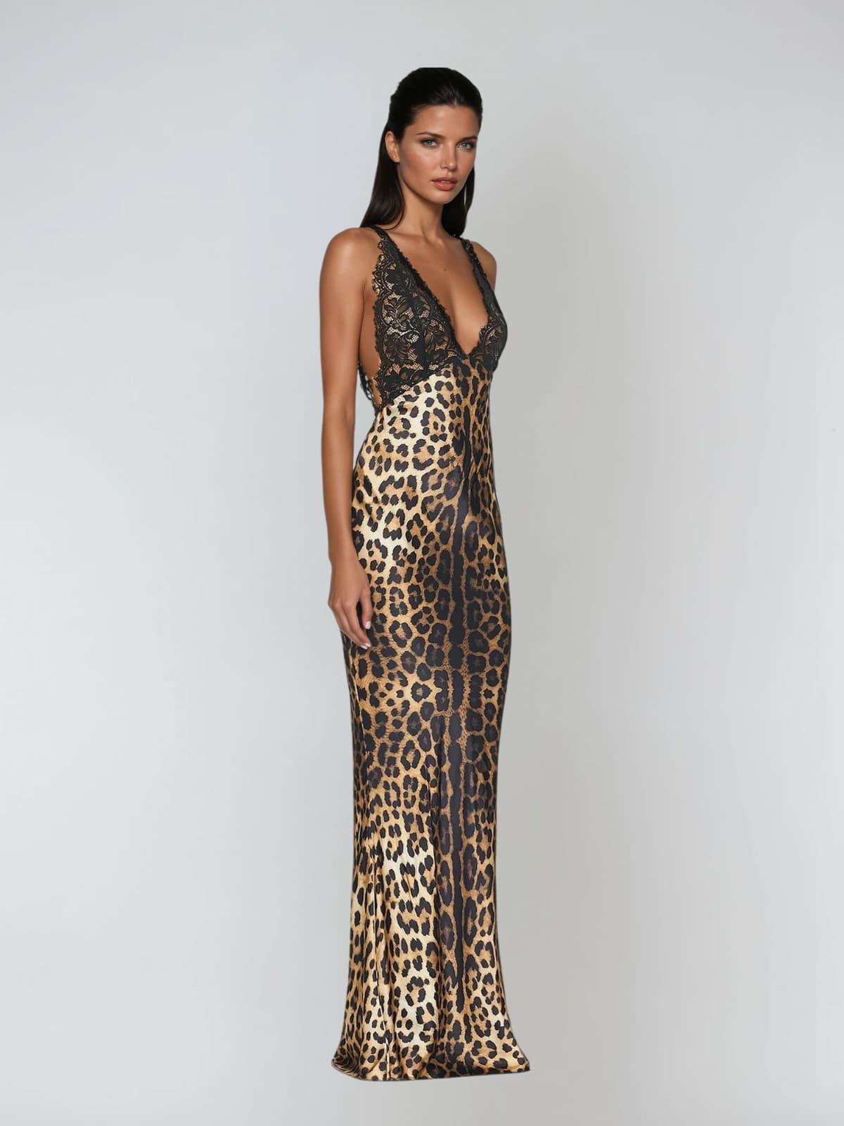 Vazvara Halterneck Lace Leopard Maxi Dress