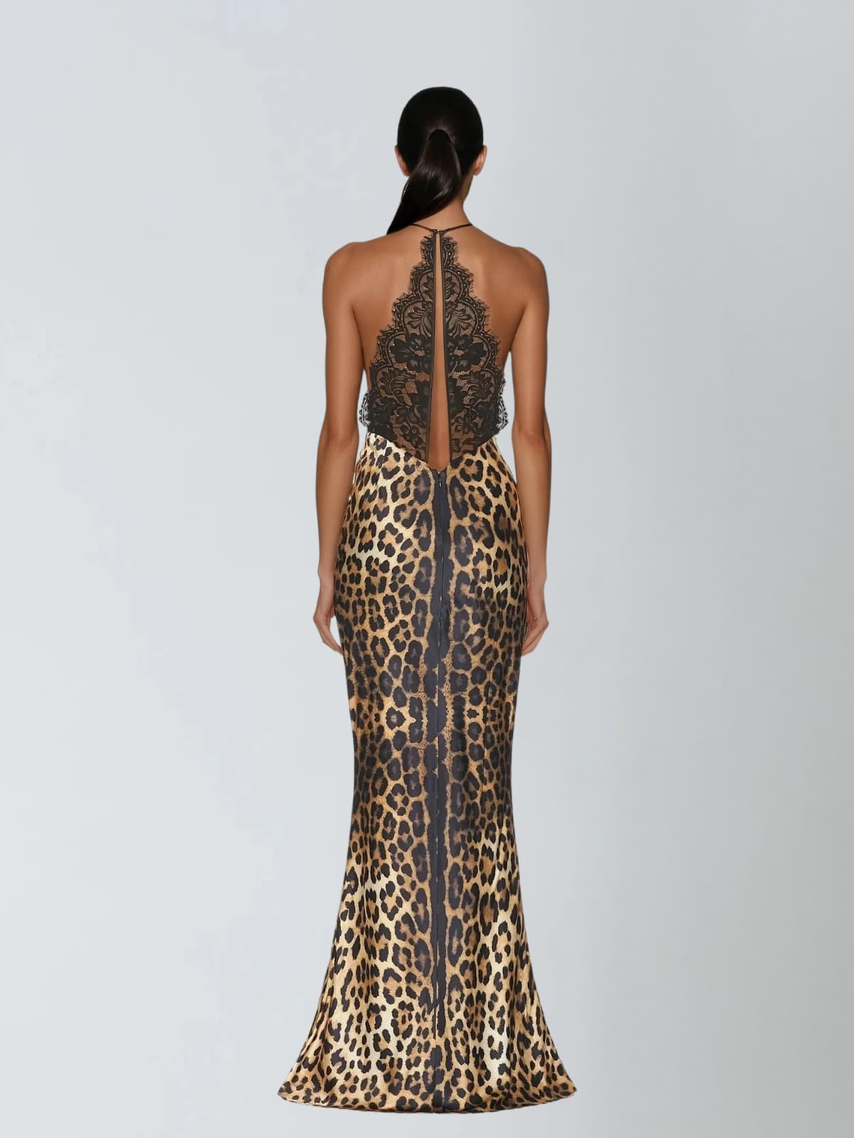 Vazvara Halterneck Lace Leopard Maxi Dress