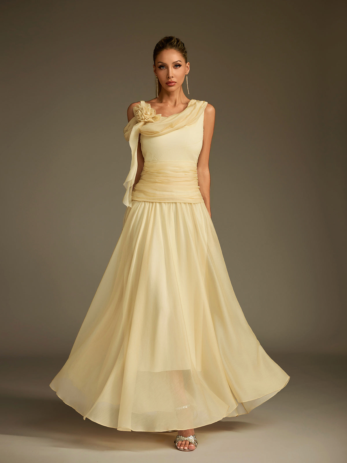 Velthrix One Shoulder Flower Ruched Maxi Dress