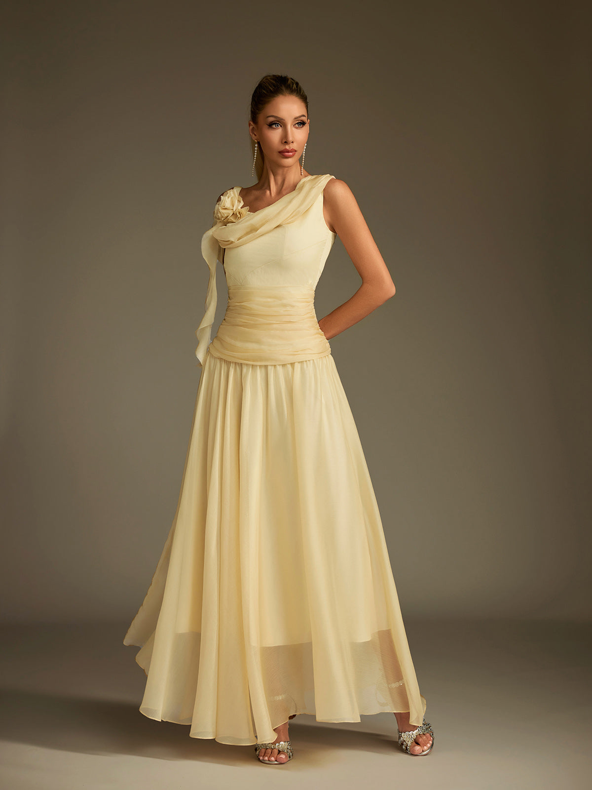 Velthrix One Shoulder Flower Ruched Maxi Dress