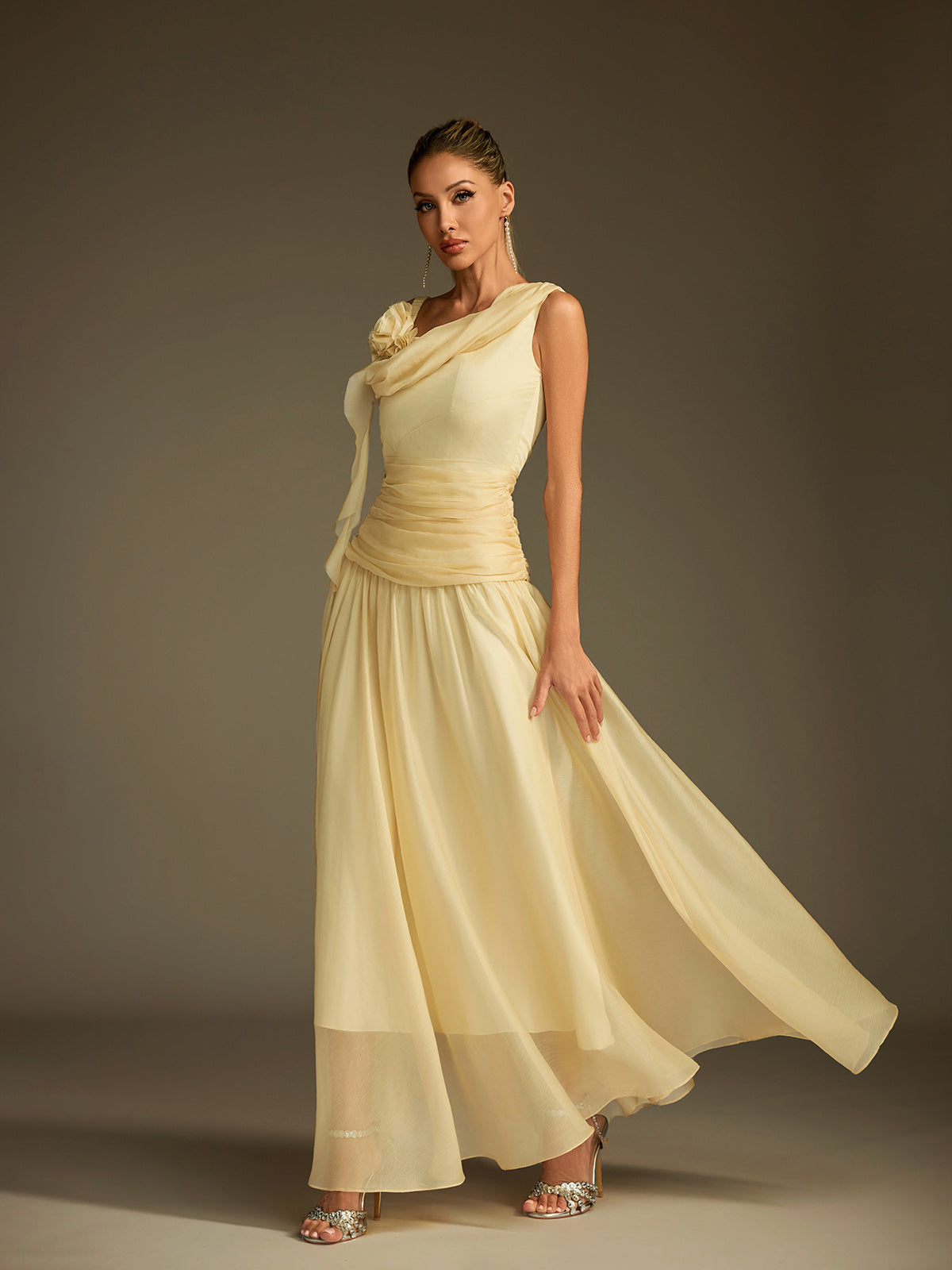 Velthrix One Shoulder Flower Ruched Maxi Dress